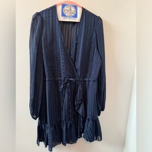 Aqua navy faux wrap dress, size large.